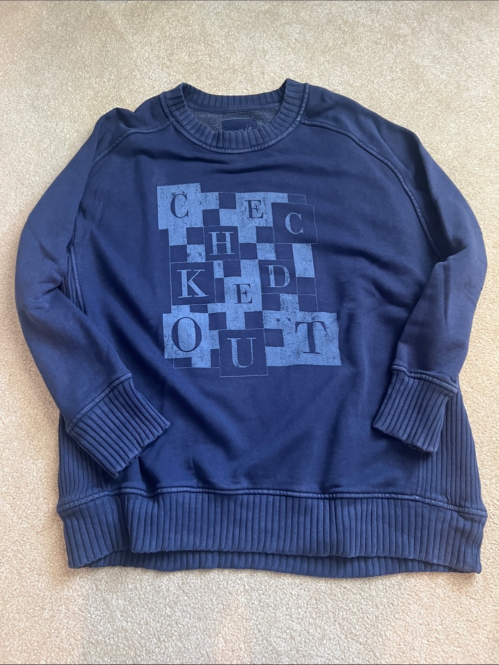 aerie Navy Women’s Oversized Crewneck Sweatshirt with CHECKED OUT Graphic Size M